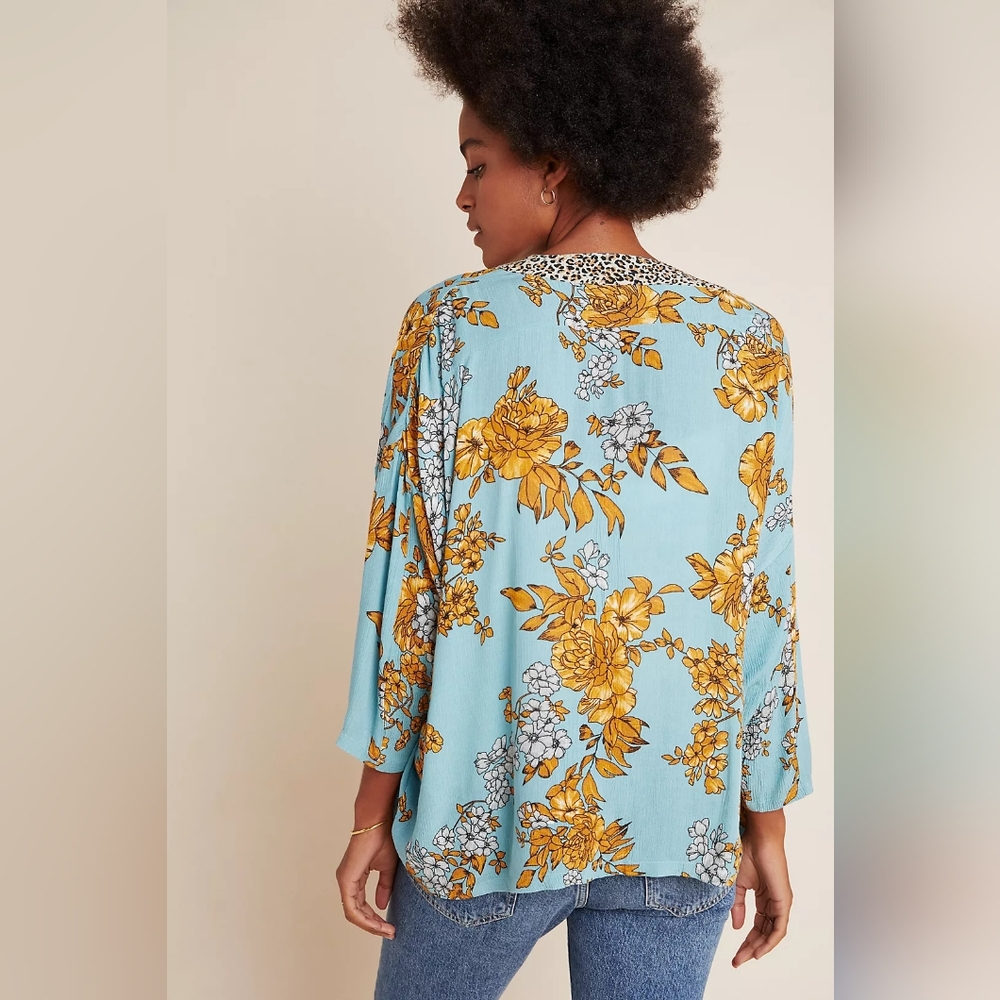 ANTHROPOLOGIE Andersen & Lauth Zoe Leopard-Trimmed Kimono One Size - Picture 2 of 9